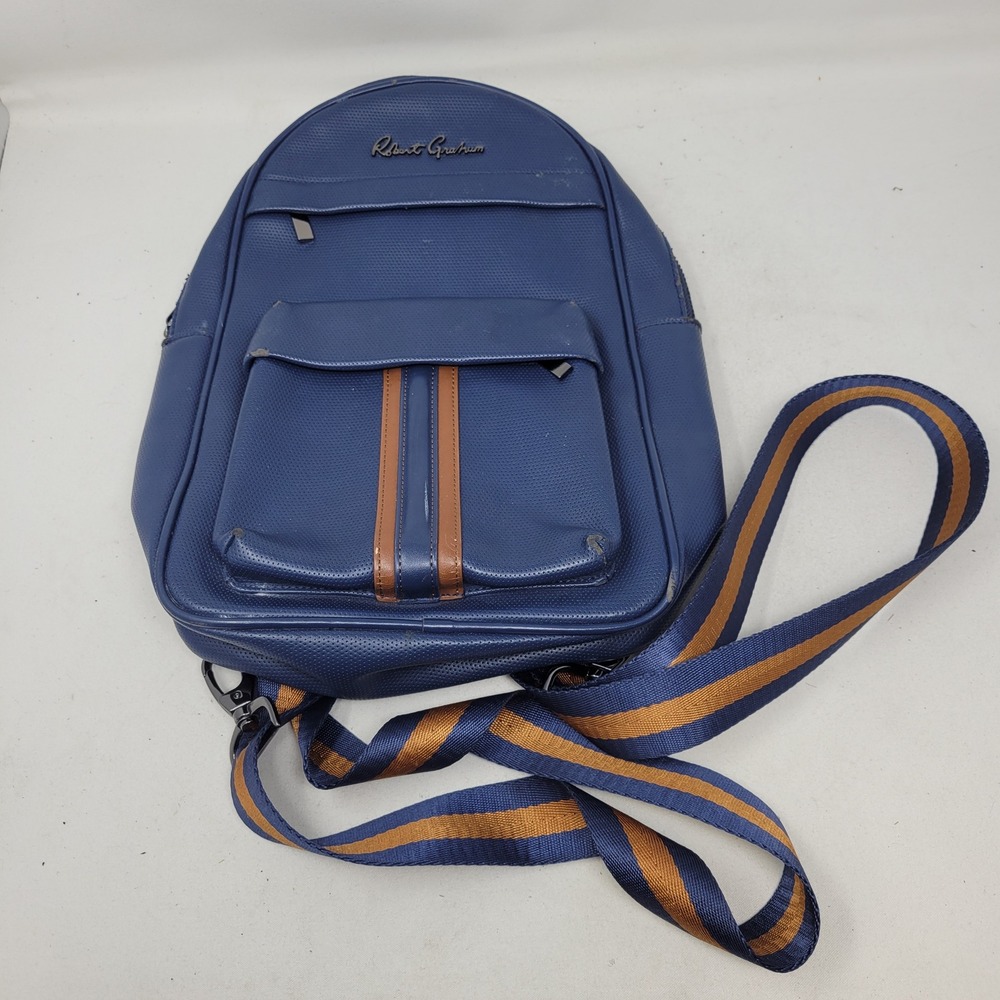 Robert Graham Blue Perforated Leather Backpack Racing Stripe Sling Bag Mens